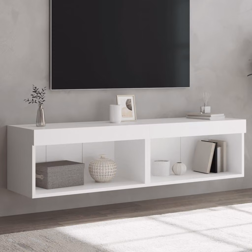 Set di 2 mobili TV moderni vidaXL con luci LED integrate, bianchi, da appendere a parete, L: 60 cm, P: 30 cm, H: 30 cm
