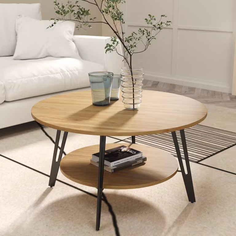 Tavolino da salotto rotondo in legno di quercia con spazio contenitore, diametro 78 cm, altezza 43 cm