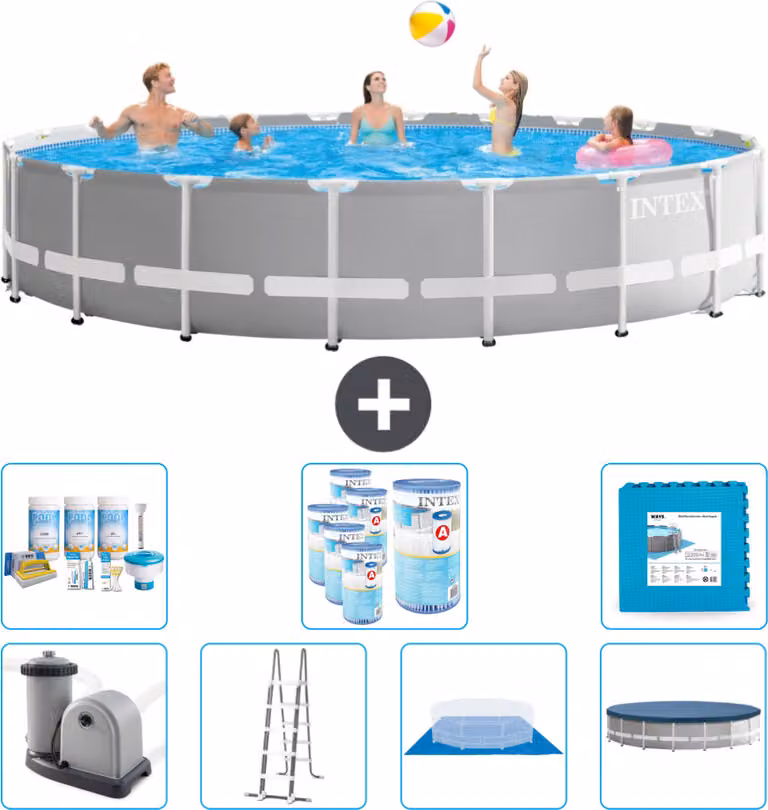 Piscina Intex Round Prism Frame - 610 x 132 cm - Grigio - inclusa pompa - scala - telo di fondo - pacchetto di manutenzione della copertura - filtro - piastrelle per il pavimento
