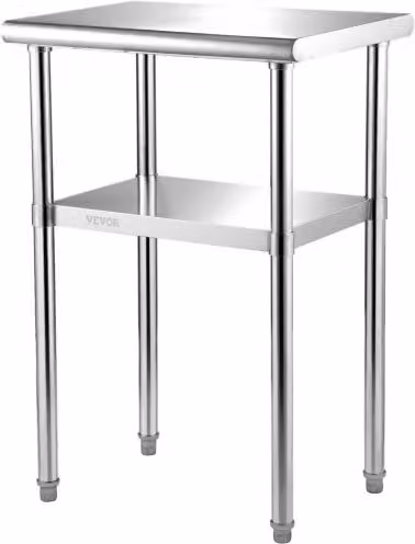 Tavolo da lavoro VEVOR in acciaio inox color argento con 2 ripiani regolabili, L/P/H: 61 x 46 x 91,4 cm, portata massima 272,4 kg