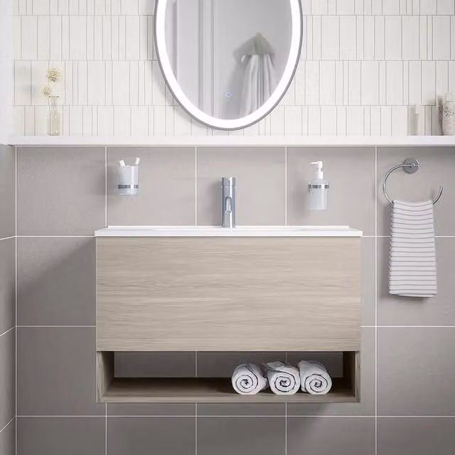 Mobile sospeso da bagno Sauris con lavabo, un cassetto e vano a giorno, rovere grigio, Larghezza: 80 cm – 1