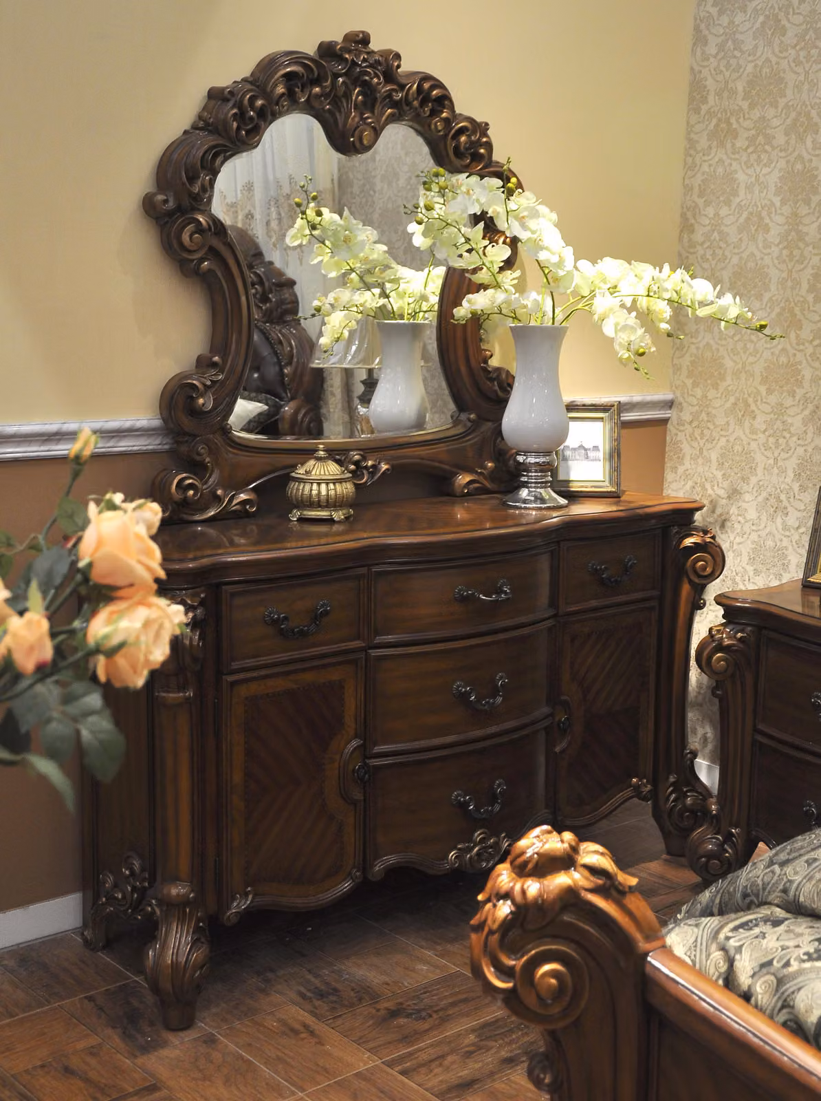 Edle Kommode Buffet Kommoden Schrank + Spiegel Barock Rokoko Anrichte Holz