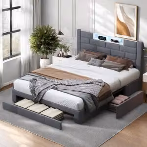 UnboxG Letto imbottito 140x200cm con USB e prese, letto per ragazzi letto matrimoniale con 3 cassetti, letto contenitore letto in legno massiccio con LED/tipo C e rete a doghe grigio