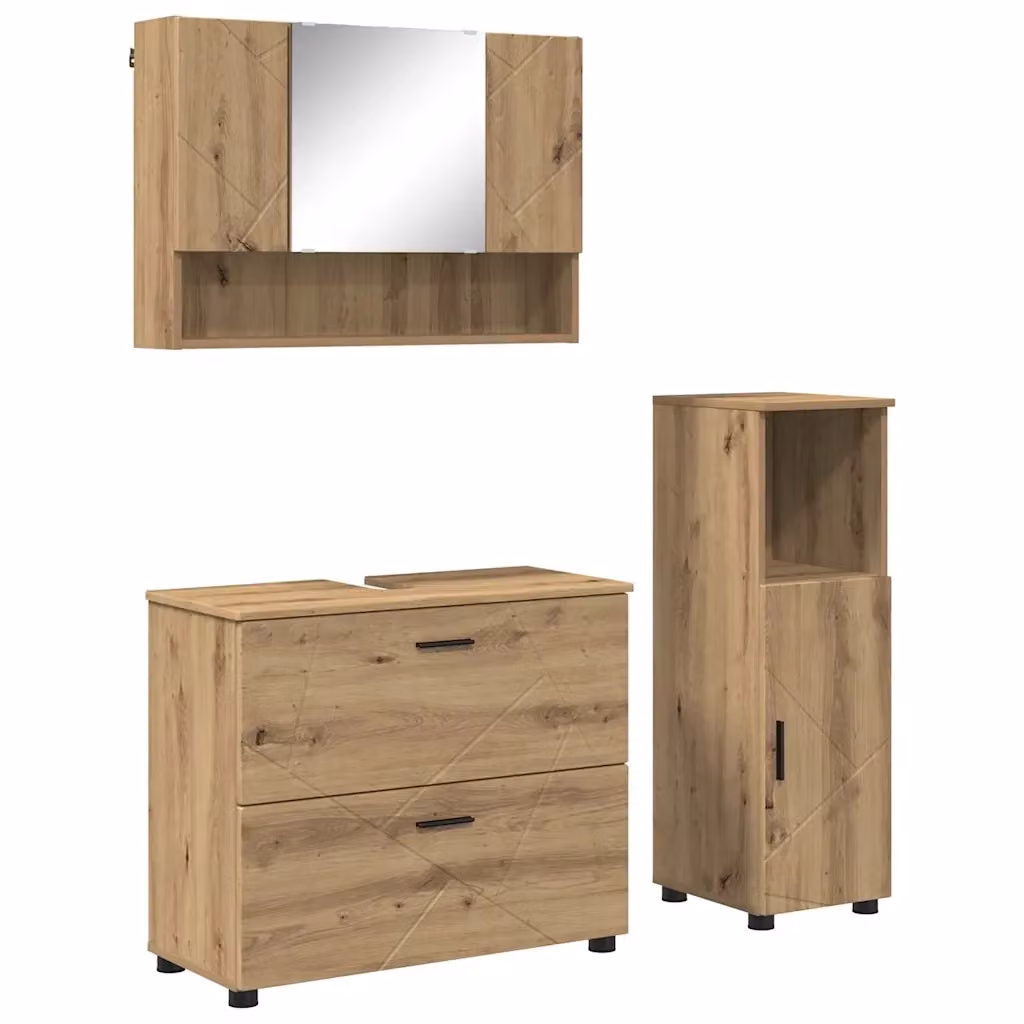 Set di mobili per il bagno moderno vidaXL in 3 pezzi color rovere con mobile lavabo, armadietto con specchio e colonna alta, finitura opaca – 2