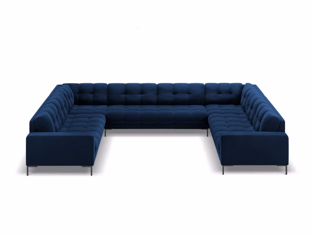 Divano panoramico Bali a 9 posti Cosmopolitan Design in velluto blu reale con forma a L e cuscini inclusi – 2