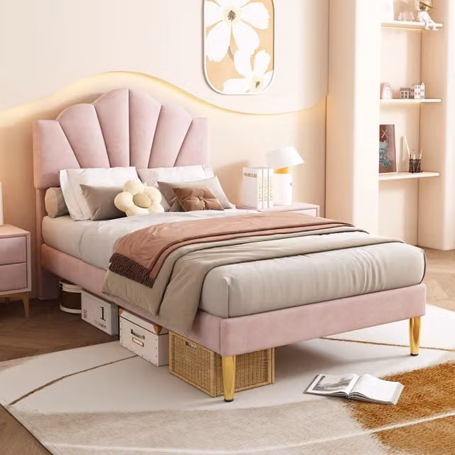 Letto singolo imbottito OKWISH in velluto rosa con dettagli oro, testiera regolabile e spazio sottoletto, L/P/H: 90 x 200 x 105 cm