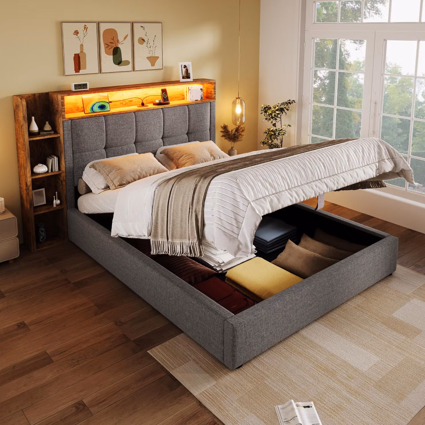 Letto imbottito STILVORA, 90x200 cm, letto per ragazzi con funzione di ricarica USB tipo C e illuminazione a LED, contenitore multifunzionale, lino, grigio