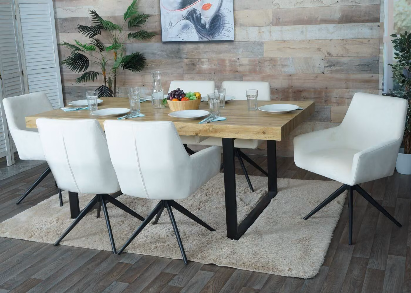 set di 6 sedie per sala da pranzo HWC-L91, sedia da cucina bracciolo girevole posizione automatica tessuto MVG ~ crema-beige