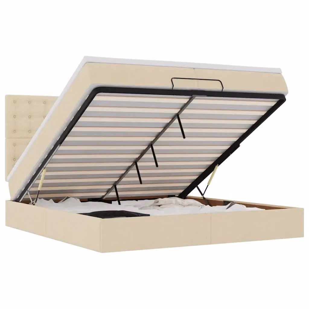 Letto moderno vidaXL con contenitore a sollevamento, base con luci sottostante e porte di ricarica USB, colore beige e bianco, L 200 x P 200 x H 280 cm – 2