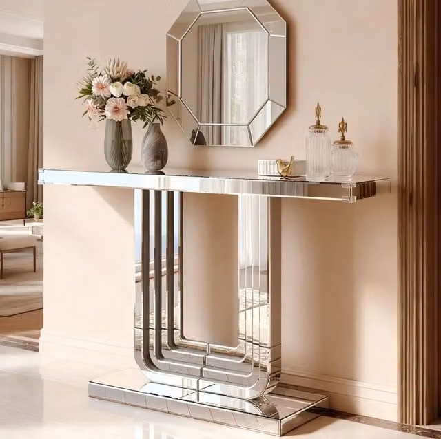 Tavolo consolle a specchio con base a U in MDF e vetro; argento