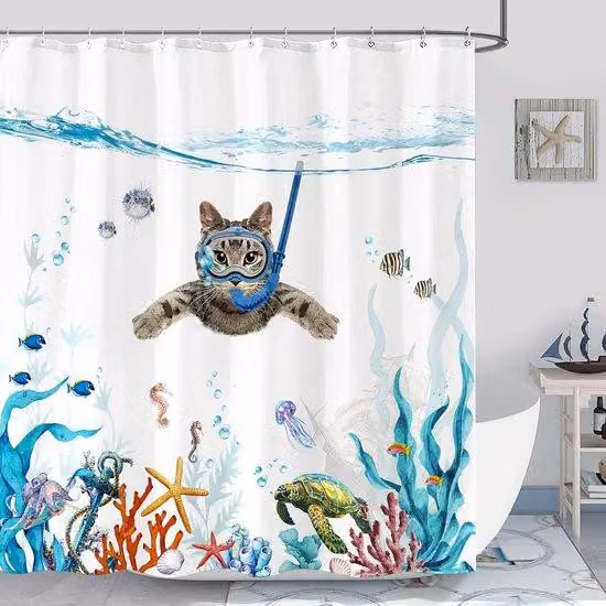 Set di tende da doccia divertente con motivo di gatti - Tenda da doccia con immagine di un gatto che nuota nell'oceano - Impermeabile - Tenda da bagno lavabile realizzata in tessuto idrorepellente, completa di ganci - 180x180 cm