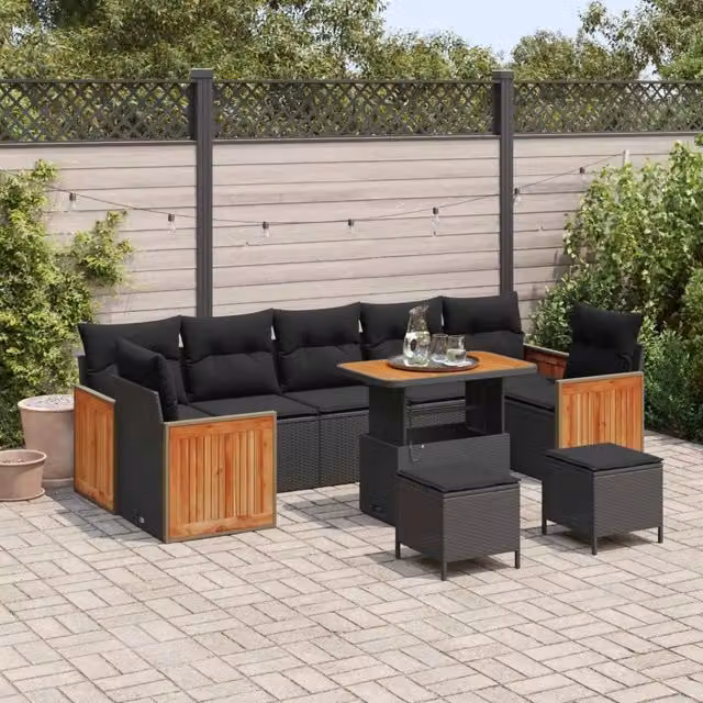 Set Divano da Giardino Moderno vidaXL con 10 Cuscini e Tavolino Nero – 1
