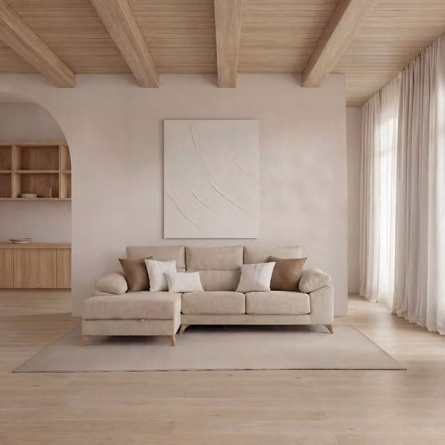 Divano angolare Banak a 3 posti con chaise longue sinistra, colore beige, con poggiatesta regolabile e vano contenitore