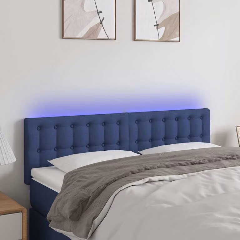 Testiera per letto vidaXL in tessuto blu con illuminazione LED e porta di ricarica USB, L 144 x P 5 x H 78/88 cm