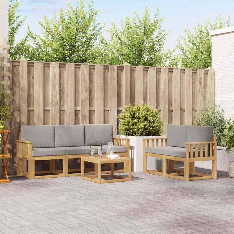 Set di divani da esterno vidaXL a forma di L composto da 6 pezzi con tavolino da caffè, struttura in legno di acacia e cuscini in poliestere bianco e grigio