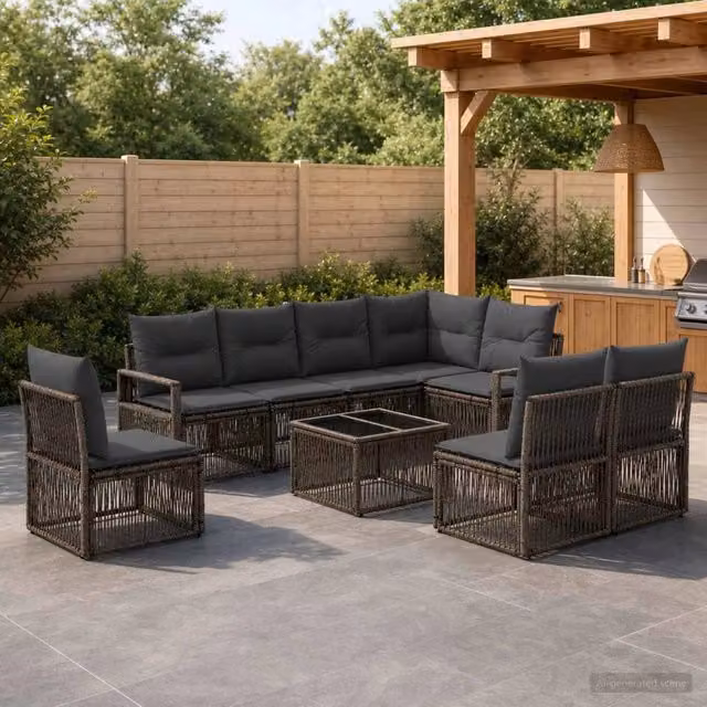 Set Divano da Giardino a L vidaXL in Polyrattan Grigio con Cuscini e Tavolino da Esterno – 1
