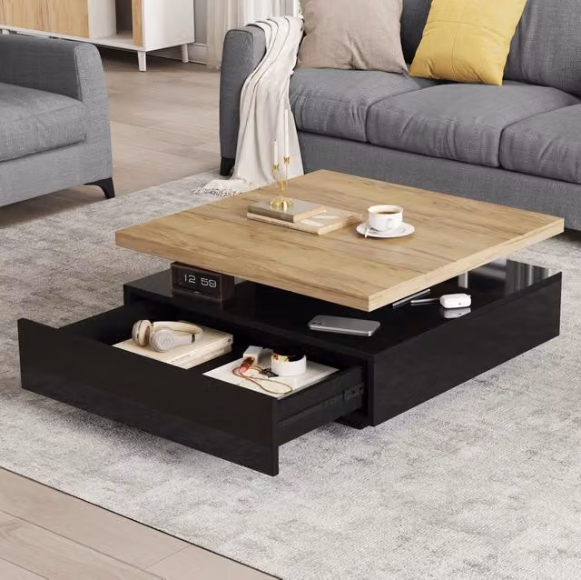 Tavolino da salotto ULEVR 70x70x36 cm girevole a 360¡ã con cassetto e vano aperto, nero e noce