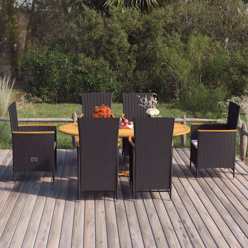Set da giardino vidaXL in legno di acacia oliato e rattan, 7 pezzi, stile rustico, nero e bianco