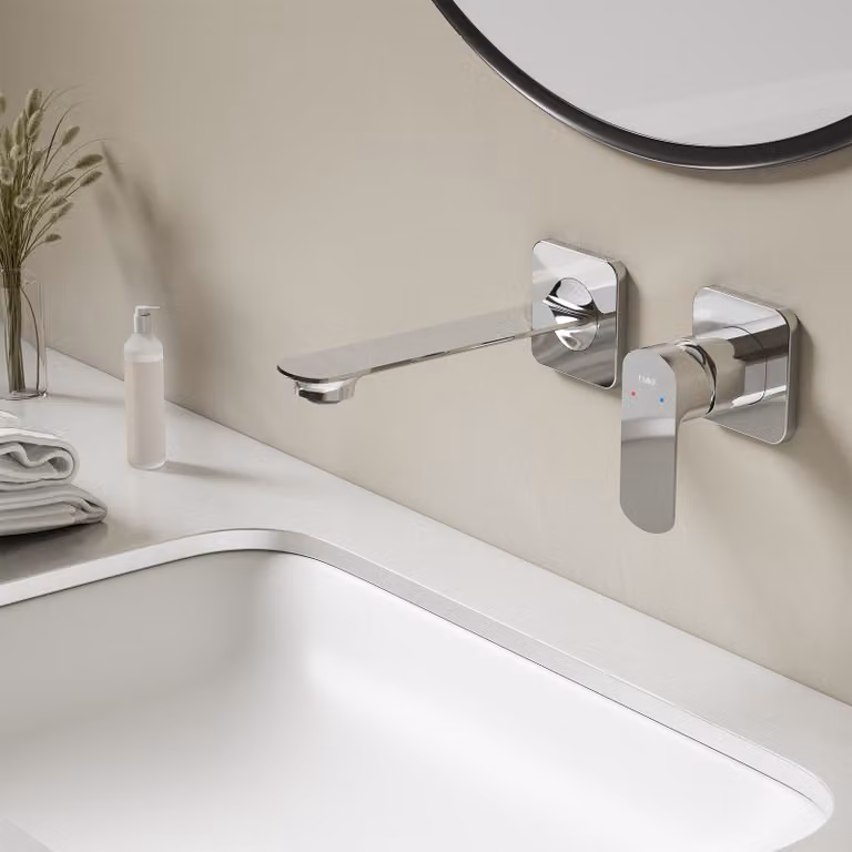 EMKE Rubinetto lavabo a parete, rubinetto da incasso per bagno, miscelatore monocomando a 2 fori per lavabo 233x127x110 mm cromato