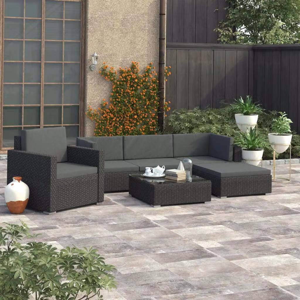 The Living Store Set da giardino da 6 pezzi con cuscini in poly rattan nero
