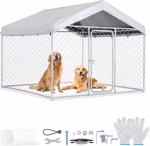 Recinto per Cani da Esterno con Serratura di Sicurezza e Copertura Impermeabile Anti UV, Canile di Grandi Dimensioni 2x2x1,6m, Gabbia per Animali Dome