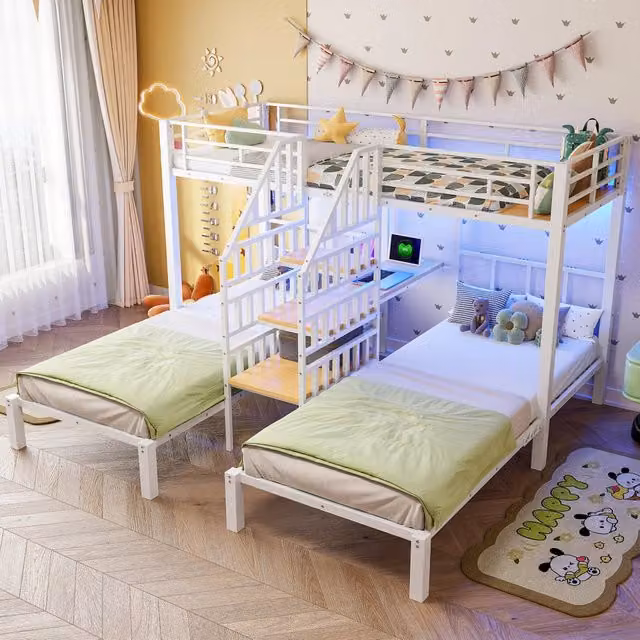 Letto a castello a 3 posti 90 × 200 cm, LED, gradini contenitore, scrivania, USB e presa, senza materasso, bianco