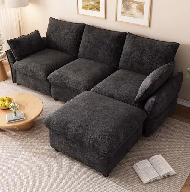 Divano angolare a L con pouf in ciniglia; 222;5 x 154;5 x 76;5 cm; grigio scuro