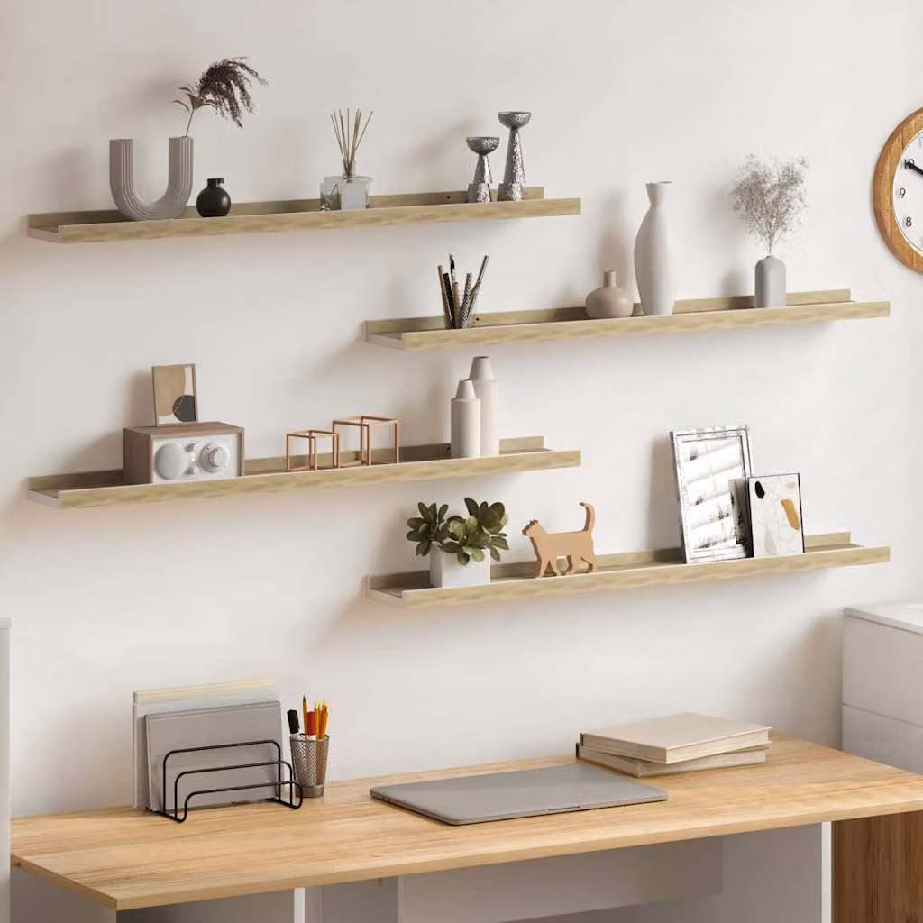 Set di 4 mensole da parete vidaXL in bianco e rovere sonoma, L: 80 cm, P: 9 cm, H: 3 cm