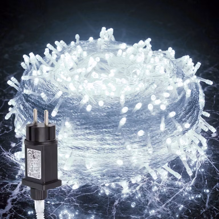 Catena luminosa LED Ikodm, 100 metri, 500 LED, con 8 modalità, ideale per interni, Natale, feste, giardino. Effetto scintillante a forma di stelle. Cavo trasparente, luce bianca fredda