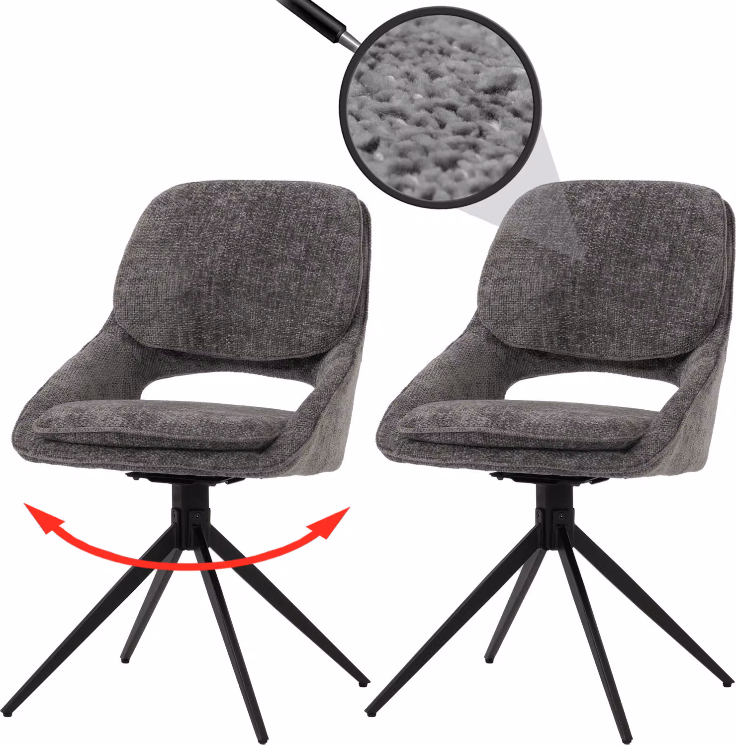 Set di 2 sedie da pranzo HWC-N73, sedie da cucina, girevoli con sistema di ritorno automatico, rivestite in tessuto chenille (490g/m²), colore grigio scuro