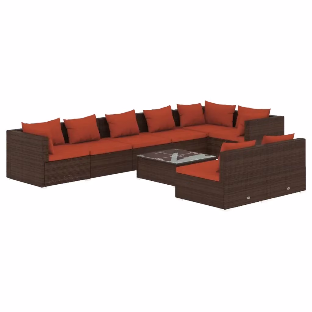 Set di Divani da Giardino vidaXL 9 Pezzi con Cuscini in Polyrattan Marrone e Rosso – 2