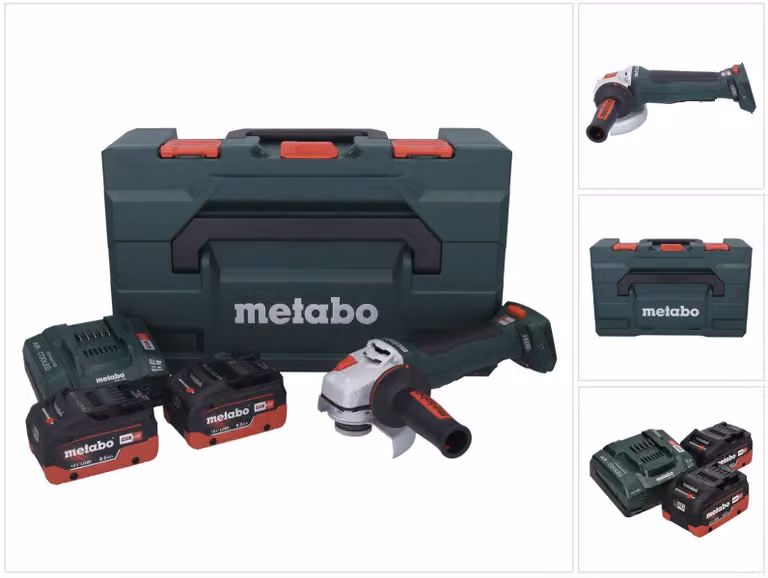 Smerigliatrice angolare a batteria Metabo WPB 18 LT BL 11-125 Quick 18 V 125 mm Brushless + 2 batterie da 8,0 Ah + caricabatterie + metaBOX
