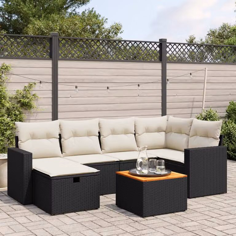 vidaXL Set Divani da Giardino a L con 7 Pezzi, Polyrattan Nero e Cuscini con Rivestimenti Rimovibili e Resistenti ai Raggi UV
