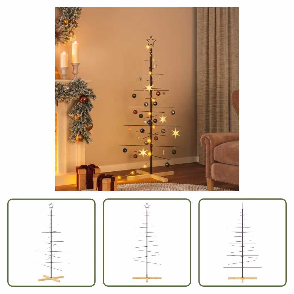 The Living Store Albero di Natale in metallo con supporto in legno nero 150 cm