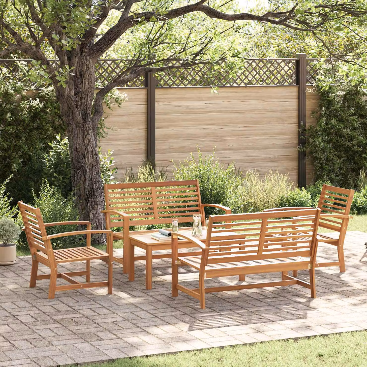 Set Divano da Giardino vidaXL 5 Pezzi in Legno di Teak Solido Marrone con Cuscini e Tavolino – 1