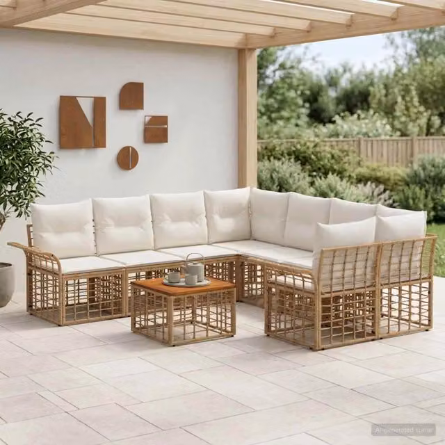 Set di divani da esterno 9 pz Naturale e Bianco Crema 3437654