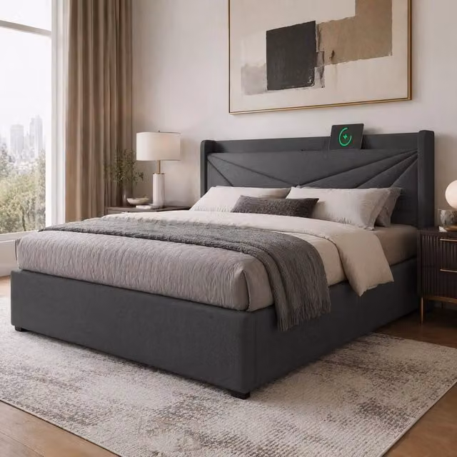 Letto matrimoniale con contenitore 140x200 cm, struttura in lino con testiera imbottita e ricarica USB Tipo C, senza materasso