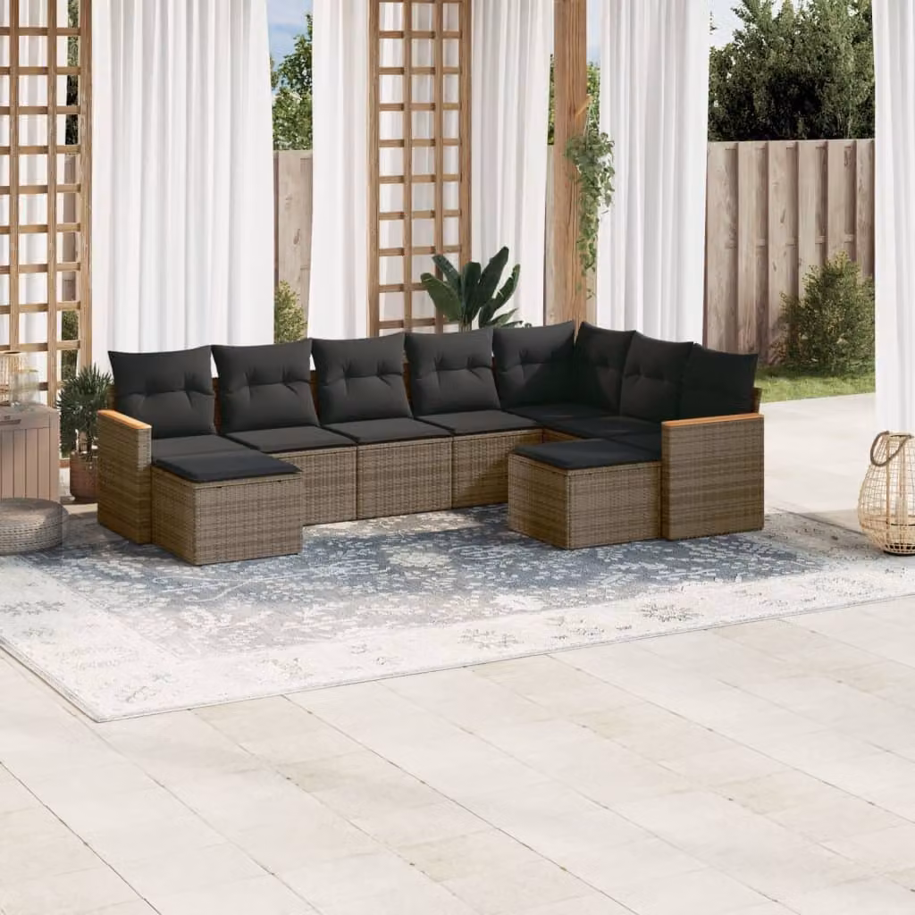 vidaXL Set Divano da Giardino 9 pz a L in Polyrattan Grigio con Cuscini e Ottoman