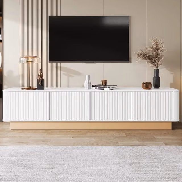 Mobile porta tv 200 cm in MDF bianco con 4 ante e design scanalato per soggiorno