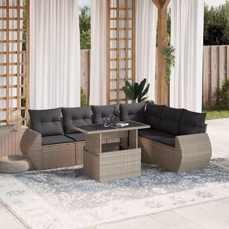 Set di divani da giardino vidaXL in polyrattan grigio antracite con cuscini, tavolino e sedute a forma di L per 7 persone