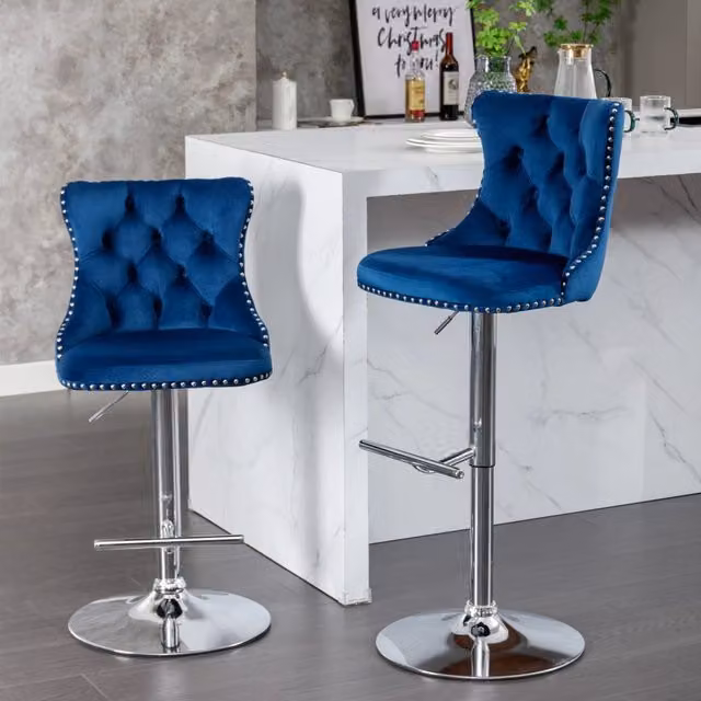 Set di 2 Sgabelli da Bar MINIMAL Girevoli in Velluto Blu con Schienale e Seduta Regolabile