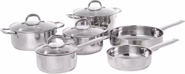 Set di 10 pezzi BELIANI composto da 4 pentole con coperchio e 2 padelle in acciaio inossidabile e alluminio, colore argento