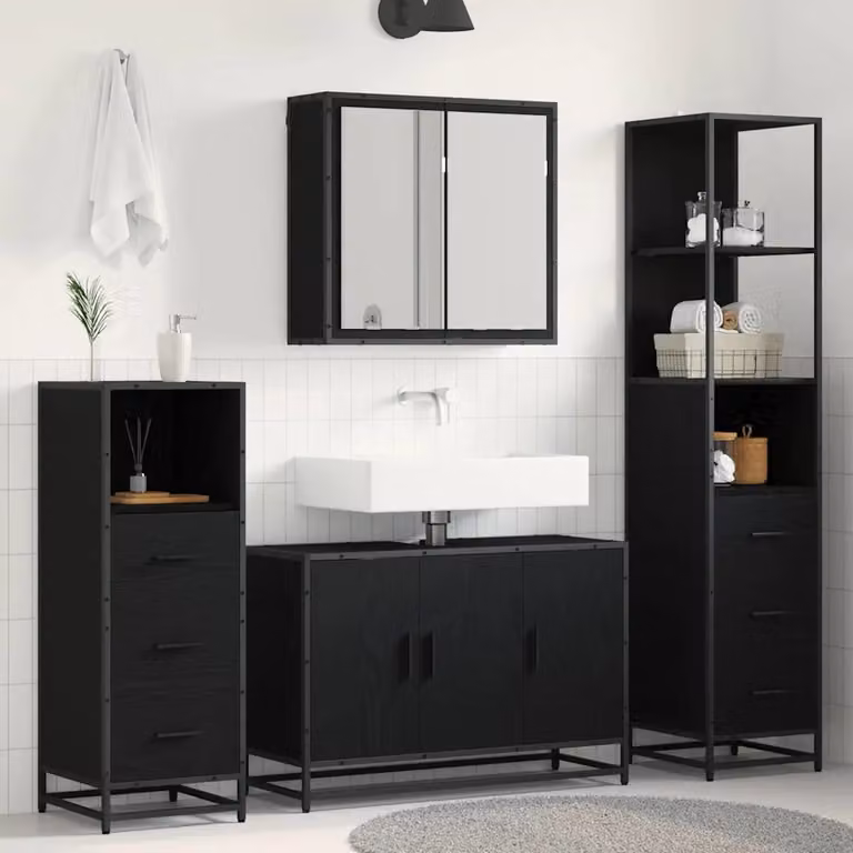 Set di mobili per il bagno vidaXL 3 pezzi in legno e metallo nero con armadietto a specchio e mobile lavabo L/P/H: 90 x 33 x 166 cm
