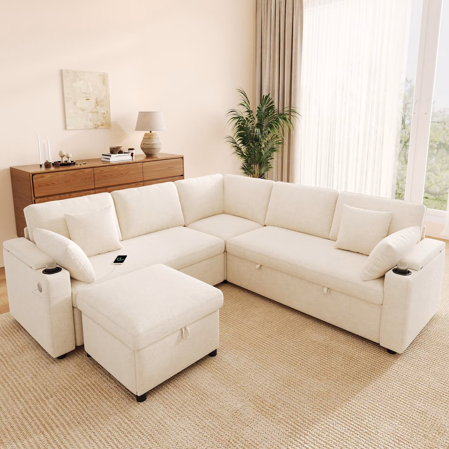 Divano angolare MODFU, divano letto con funzione letto, divano relax con poggiapiedi contenitore e porta USB/Type-C, divano modulare in velluto con portabicchieri, color beige