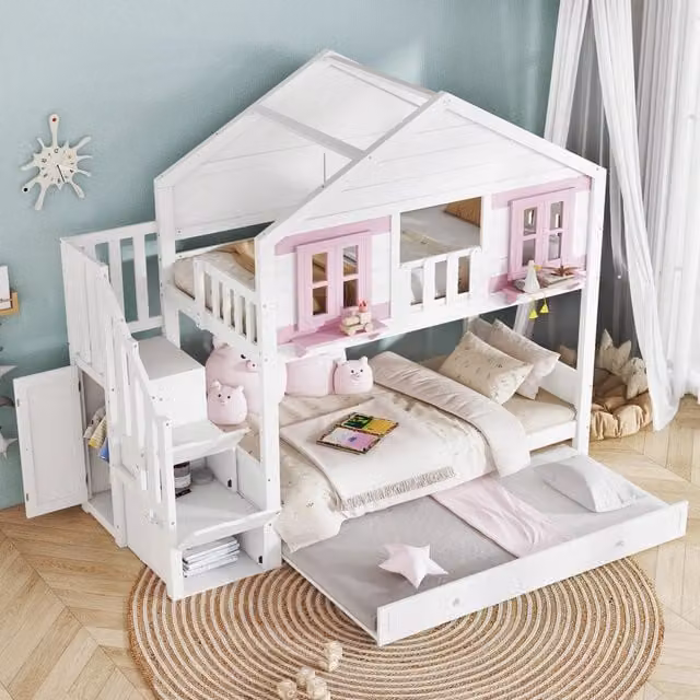 letto a castello in legno massiccio e mdf bianco rosa 90x200 cm