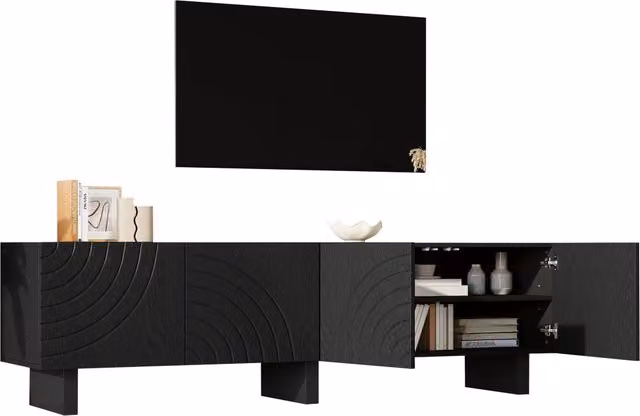 Mobile TV Chicfurn moderno in legno MDF nero per soggiorno con 4 ante, adatto per televisori fino a 75 pollici, L: 180 cm, P: 40 cm, H: 55 cm