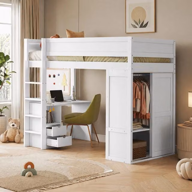 Letto a soppalco 90x200 cm bianco con scrivania e armadio