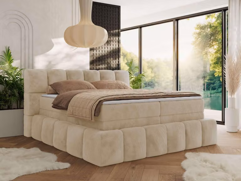 MKS MEBLE letto a molle insacchettate 200 x 200 con rete NIRA KING, letto imbottito a 7 zone con materasso multitasche e topper, letto matrimoniale - felpato crema - H4