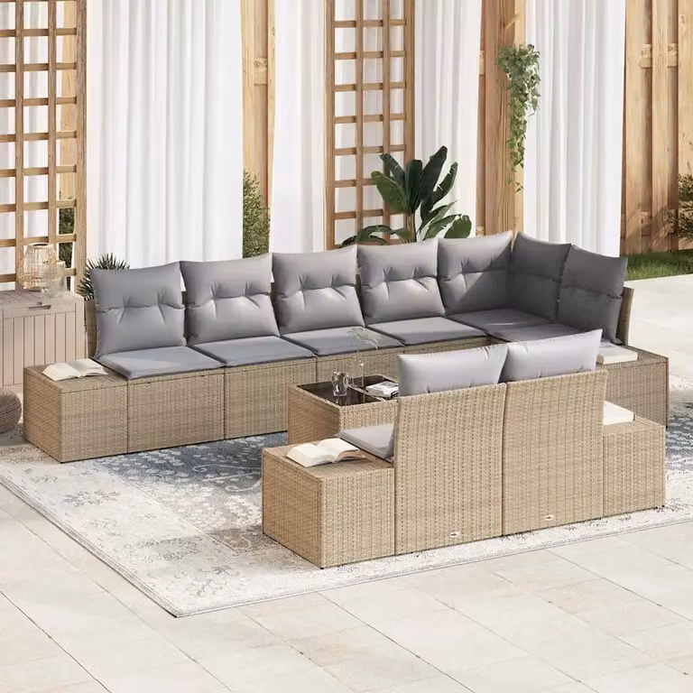 Set Divano da Giardino vidaXL 9 Pezzi in Polyrattan con Cuscini Beige e Grigio