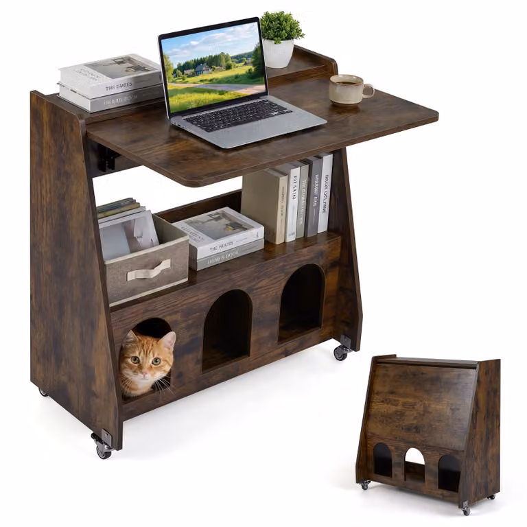 Scrivania per computer Costway moderna con ruote e cuccetta per gatti in legno marrone